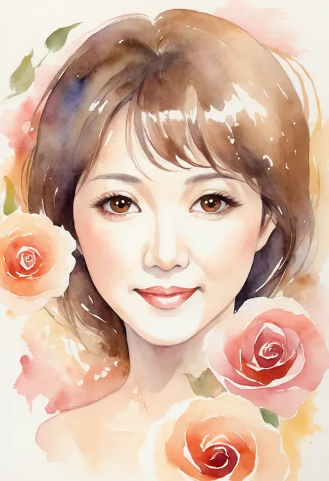 A watercolor illustration of Ayano Fujisaki, a 48-year-old Japanese idol, turning with a serene, abstract expression. Her round face and soft brown eyes, touched by subtle laugh lines, convey depth and wisdom. Her refined nose and full lips embody mature c...