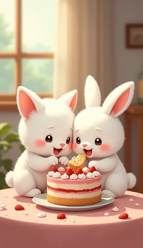 Inside the house, a cute white furry baby kitten and a white rabbit are eating a plate of cake using their paws to their mouths, happy smiling