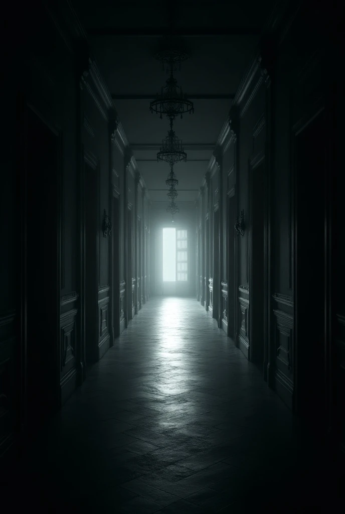 A long, dark hallway inside the mansion, with doors on both sides that seemingly go on forever. Some half-open doors reveal dark rooms, and in the background, a faint light illuminates the end of the corridor. The shadows on the walls appear distorted, as ...