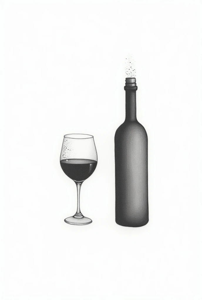 Create a tattoo design of a separate glass and bottle of wine on a white background black ink pointillism couple tattoo