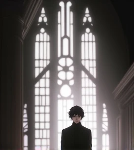 Man 2 , Short black wavy hair , white complexion, cold and captivating gaze, green eyes, hard and attractive features, inside the position classroom at Hogwarts. Dressed in an elegant black suit, he exudes an air of power and mystery.Looking straight ahead...