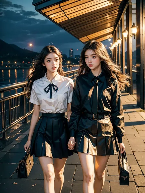 (masterpiece, highest quality, official art, beauty and aesthetic, the most important work), perfect anatomy, (two stunning school girls are deeply in love with each other:1.2), eye contact, open mouth, walked arm in arm, romantic atmosphere, Footbridge at...