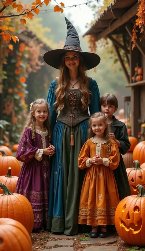 A Halloween scene with a friendly witch surrounded by ren in costumes, with pumpkins and festive decorations, evoking a sense of fun and history.