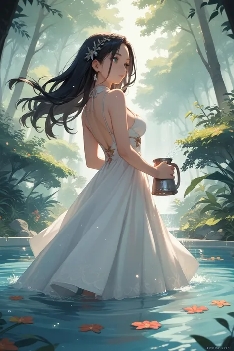 Beautiful fantasy fairytale girl with long black hair ,  in a white dress standing on a pool of water in the middle of a forest illuminated by stars in the sky together with a jug of water in her right hand 