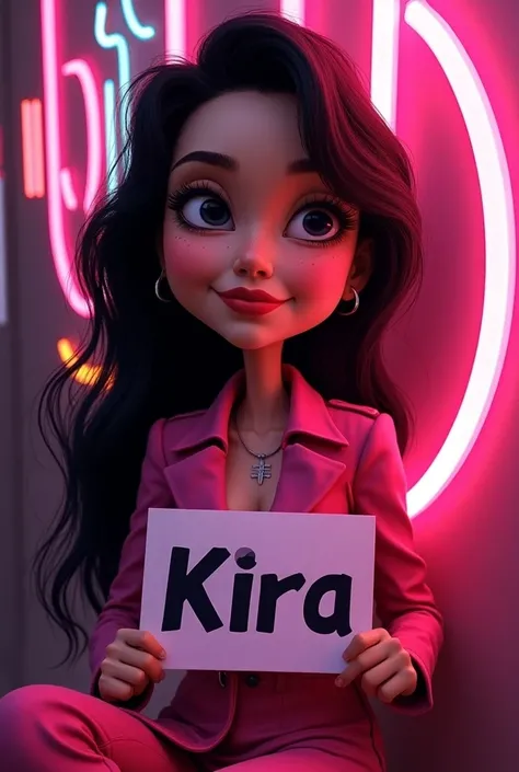 A  pretty girl (caricature) with long black hair with sign written KIRA, wearing a pink jacket, sitting beside neon lighting tiktok logo.