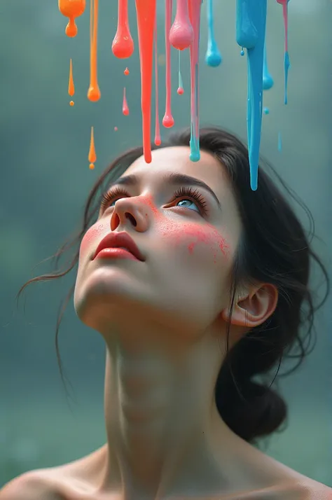 Woman looking up with paint falling on her face