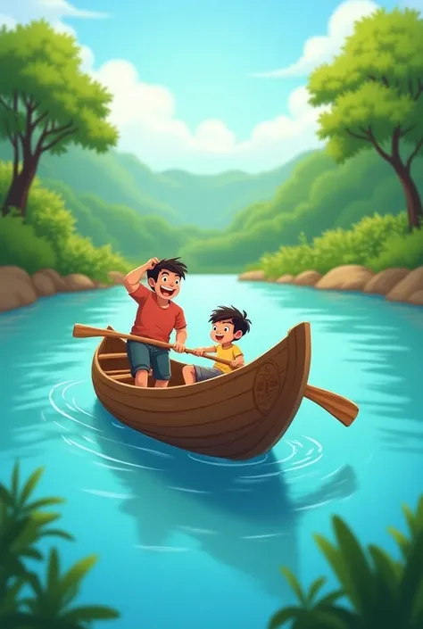 Create an image of a canoe in the Magdalena River with a man and a boy cartoon