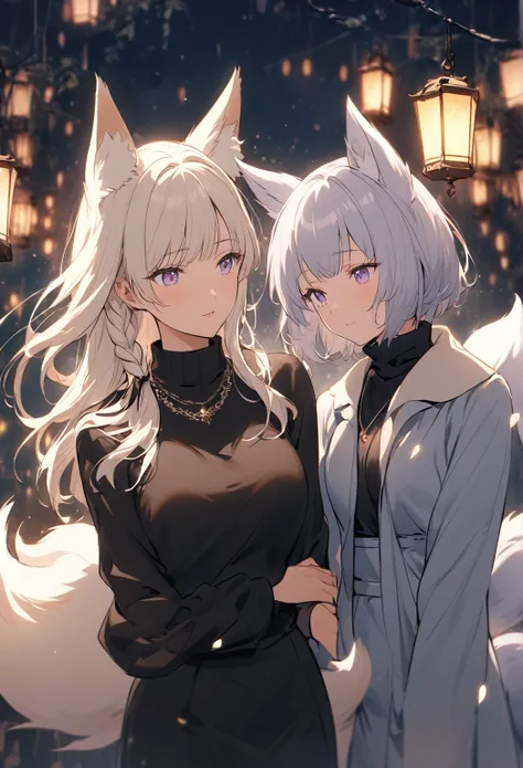 Anime-style portrait of Kitsune Aiko, an elegant fox girl with a graceful, motherly presence and subtle NEET characteristics. She has long, white hair styled in a slightly messy side braid and soft, fluffy fox ears. Her light purple eyes are droopy, reflec...