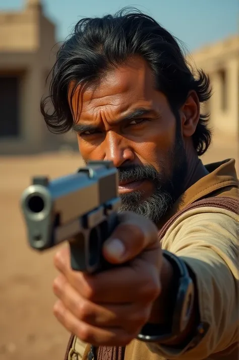 A photo of an Indian with a gun turned to the left 