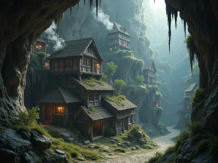 a medieval village hanging from the walls of a cave