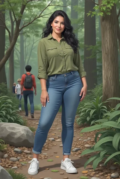 Please make photo realistic A young woman in her 25s is standing in the middle of a forest. She is wearing a green button-down shirt, blue jeans, and white sneakers. She has long black hair and is looking directly at the camera with a slight smile on her f...