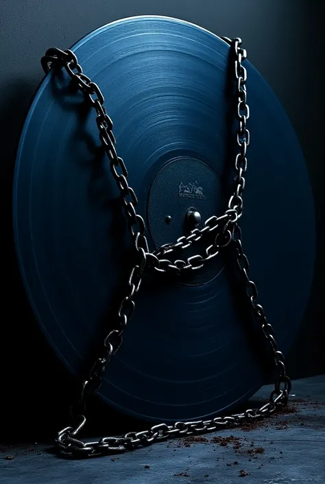 Dark chains on blue vinyl and dark around all blue vinyl that is, a large music disc 
More chains