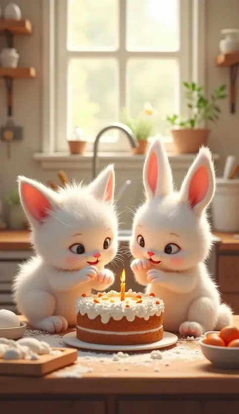 in the kitchen, a cute white furry baby kitten and a white rabbit are making a birthday cake using their claws, cake ingredients, open, cake making tools, smiling happily