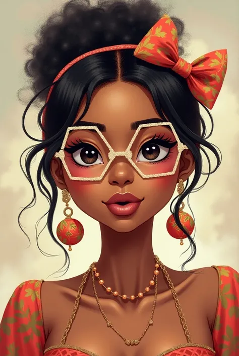  Manicurist decorative painting with brown skin, with bow  ,  with hexagonal-shaped glasses , without earrings