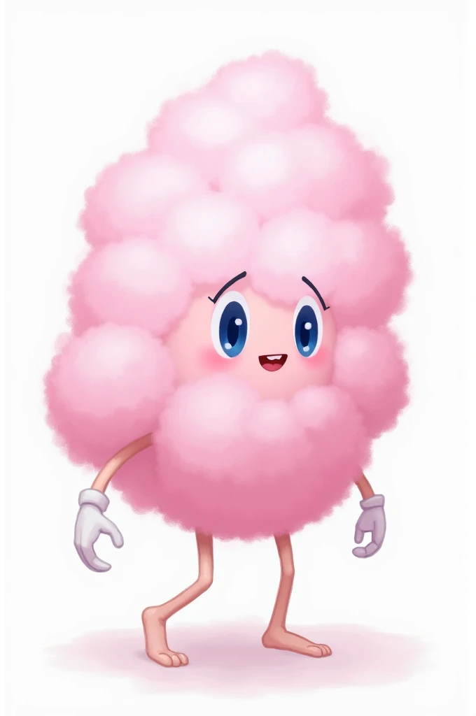 Pink cotton candy in a 2d drawing with medium blue eyes with thin arms with white gloves she will have no legs