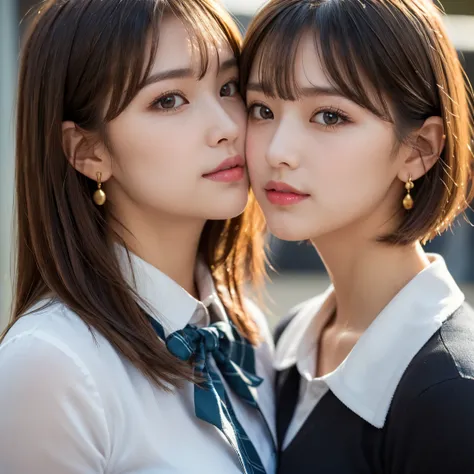 (Two beautiful and cute high school girl in a school uniform is in a high school classroomduring lunch break, she is wearing a blazers and a Checkered pleats skirt as her uniform, with a Ribbon accent around collar:1.3), (two high school girls is deeply in...