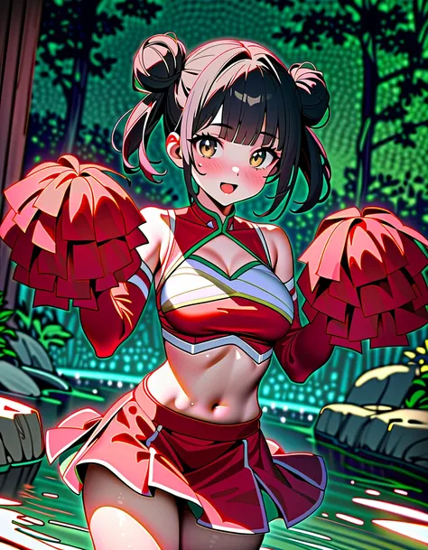 (8K, best quality, master piece: 1.2),super high resolution,1 girl,16yo,ultra-detailed face,detailed eyes,brown eyes,twin bun,black hair,blunt bangs,mascara,busty,Bell Sleeves green chinese cropped blouse,red cheer leading skirt,navel,holding pompoms in bo...