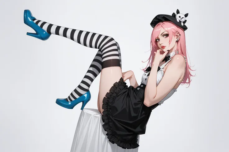 ada wong with pink hair and black and white striped stockings, stockings and a tricorn hat, alice in wonderland style, overknee socks, photo from a promo shoot, thigh high socks, editorial fashion photography, lolish, like alice in wonderland, pastel goth,...