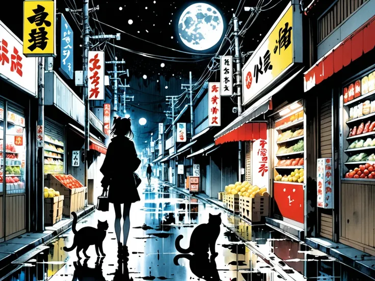  Romantic Japan ,  Country Night Supermarket . Street lights and moonlight , cat and girl, Splatter Fashion ,  Light and Shadow Style,  Ink Illustration ,  Yoji Shinkawa Artwork . lora:aesthetic_anime_v1s:1>