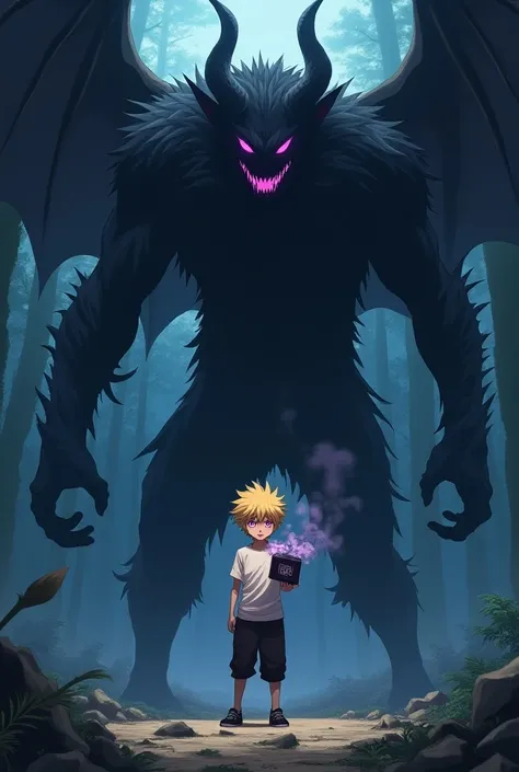 Shounen-style teen anime character with blond hair, purple eyes,  expression of fear holding a mystical black box in his hands that releases black smoke.  He wears white clothes with black details . Simple black shoes .  Ao lado dele um demônio gigante com...