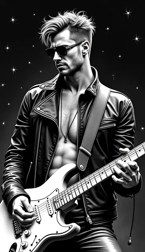 The image is a black and white line drawing showing a handsome rocker, trendy haircut, beard, glasses, black leather outfit, playing electric guitar, sitting very sad in a dark three-dimensional space full of stars, full body.  Surprisingly, the artwork fo...