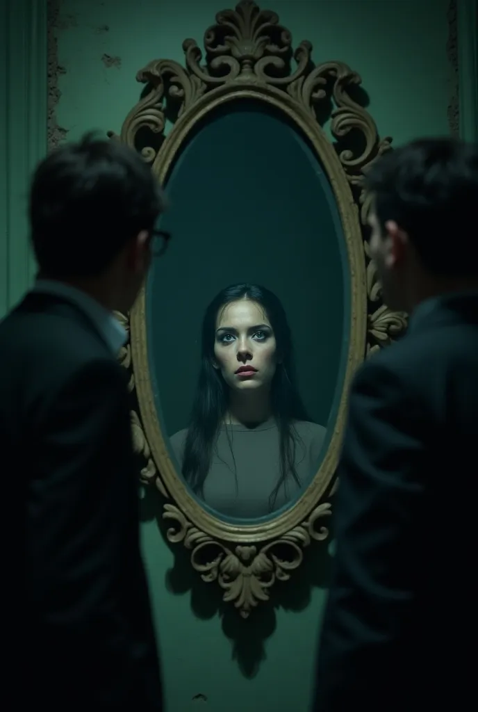 A woman looking out from a large antique mirror hanging on the crumbling wall of an abandoned mansion, eerie and unsettling, 2 men startled and frightened as the woman in the mirror stares back at them, the flickering light of a flashlight illuminating the scene, highly detailed, photorealistic, dramatic lighting, muted color palette, gothic atmosphere, (best quality,4k,8k,highres,masterpiece:1.2),ultra-detailed,(realistic,photorealistic,photo-realistic:1.37),cinematic composition,dramatic shadows,moody lighting,atmospheric,detailed description of the woman's face and features,ornate mirror frame,aged and weathered mansion interior