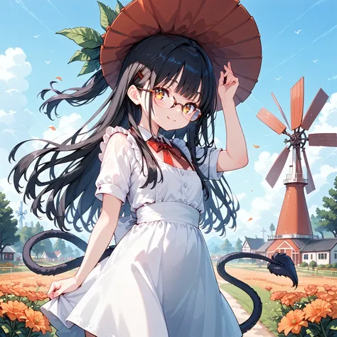  1 girl, Black Hair,Glasses, long hair, Beast Ears,Beast tail , tulips,windmill