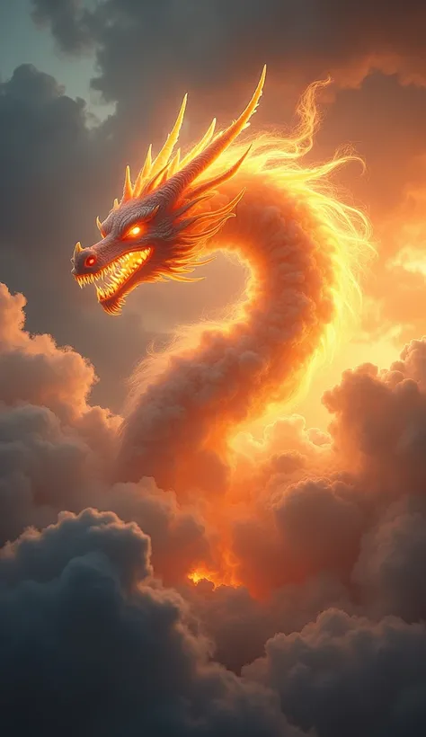 Heres a prompt to generate an image similar to the one youve provided:

"Create a majestic, mystical dragon formed from swirling clouds in a dramatic, sunset-lit sky. The dragon appears to be made of ethereal, glowing clouds, with vibrant golden and orange...