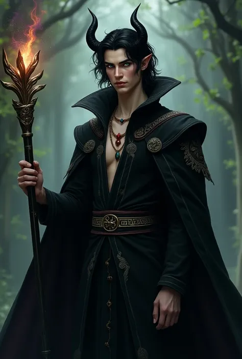 The necromancer is a young man, around 25 years old, with a strong, masculine build and pale skin. His medium-length, wavy jet-black hair frames his sharp, commanding features. He has pointed elven ears and small, dark horns curving upward from his head, r...