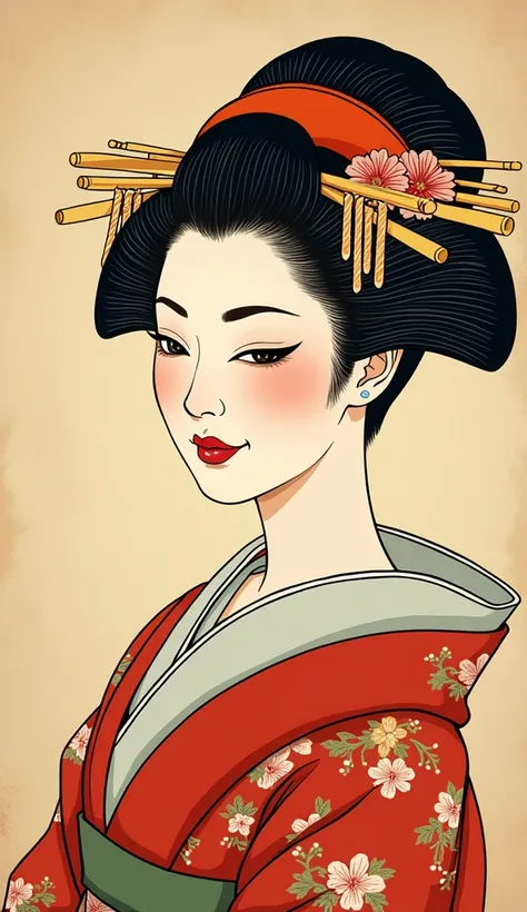 Illustration in the spirit of works created before the year 1912, inspired by Japanese art and cultural elements. Geisha with subtle smile.