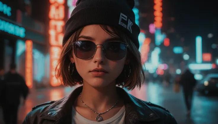 Face close up, alternative girl, watching over black sunglasses, jacket, necklace, neon light reflections on skin, ear ring, makeup, skin imperfection, short hair, beanie, neon lights background, low light, depth of field, highly detailed, high contrast, f...