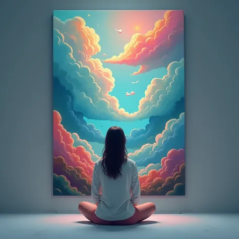 a woman sitting on a floor in front of a painting of a colorful sky and clouds on a wall, Chiho Aoshima, matte fantasy painting, a matte painting