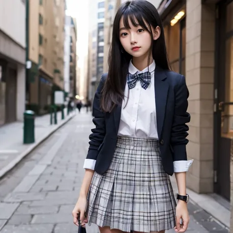  high school girl、1 person、blazers、 plaid skirt、Black Hair、Long Hair