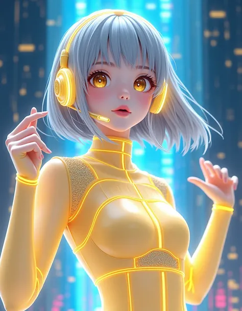 (masterpiece:1.2,EXCEPTIONAL QUALITY ,Mirror finish, cinematic experience , Best illustrations :2.0,Super detailed.2.0),16k, wallpaper,(translucent virtual idol woman :2.0),( she is projected as a hologram on the concert venue:2.0),(dance:2.0),(Sing songs ...