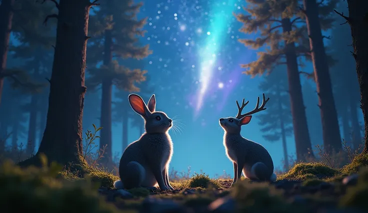 A hyper-realistic nighttime forest scene from a close-up perspective near the animals. The camera is positioned close to a rabbit and a deer standing in a forest clearing, both gazing upward at the sky. The scene is dramatically illuminated by intense, mul...