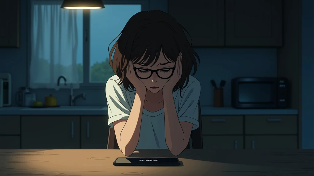 anime style: 
very stunning beautiful woman in her late 30s,
with short brown hair and glasses is sitting at a kitchen table, her face buried in her hands. Her smartphone is lying on the table in front of her, with the screen displaying a threatening messa...