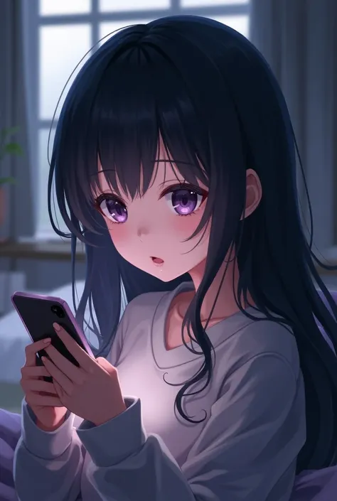 Anime girl with black hair and violet eyes playing on the mobile