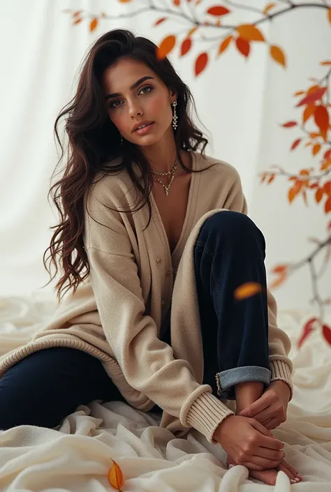 Beautiful latina model posing in fall aesthic clothing, include a tan long cardigan and accessories