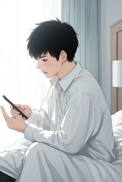 Anime urban style. A 20-year-old boy with short black hair, black eyes, and a white shirt. Houtarou Oreki is sitting on the bed in surprise and shock, holding a mobile phone in his hand to check messages. The wide-angle lens in the bedroom is dominated by ...