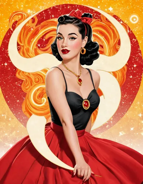 " Create an illustration of a woman representing the astrological sign of Aries,  inspired by the style of The Pin-Up Art by Archie Dickens .  The woman must have a confident and seductive pose ,  with elements that symbolize Aries , like a ram or fire .  ...