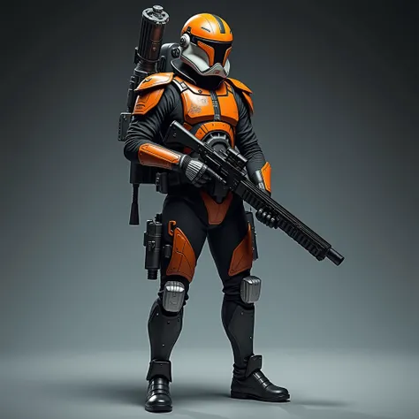 An elite ranged sniper ,  with heavy combat armor ,  orange helmet and black and white armor, star wars 