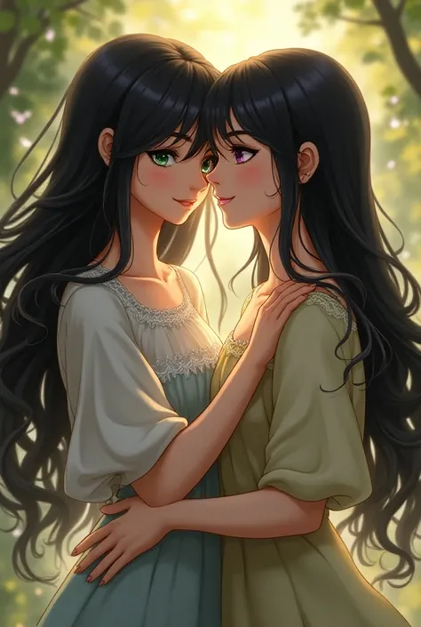 Two sisters and one with long black hair and violet eyes and the other with black hair and green eyes playing 