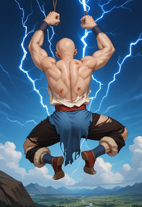 Avatar Aang, The Last Airbender, full body,  bald, he is being electrocuted by  a powerful bolt of blue lightning, he is suspended in the air, painful expression, he is screaming, back arched, top down view, contorted limbs, bruised and beaten, torn clothe...