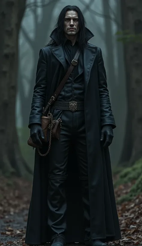 (RAW photos,  best quality ), (realistic,  photorealistic : 1.2), A tall, dark vampire , long hair and dark skin like charcoal ,  of an aristocratic and mysterious appearance ,  dressed in a long dark leather overcoat.  His face marked by a scar and penetr...