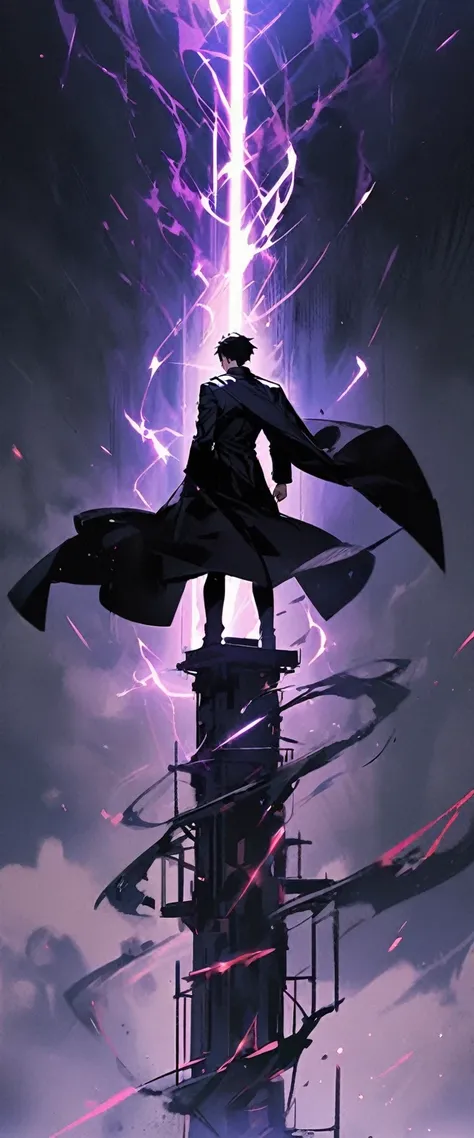 handsome,  alone , 1 person, Short hair, Black hair,  purple,  black shirt, Black coat, Lots of power, stand on tower,Turn around