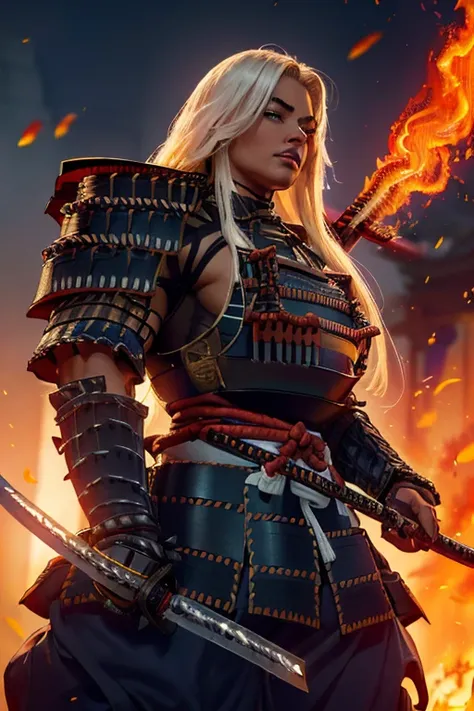 ((Close-up)), tall, ((White hair)), beautiful muscular female samurai, long hair, brown skinned, closed smile, large breast, (black lipstick), (massive muscles), (hyper muscle), (((ginormous bulky muscles))), blue eyes, ((((full samurai armor suit)))), (((...