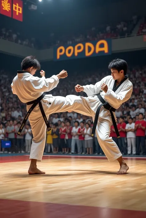 Taekwondo match at a competition, witnessed by many people, there is writing "POPDA" on the wall, real pics high quality