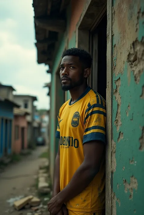 hello, create an image of a man in the window of your house , in a slum.  The image should show this scene of someone who sees him from the street. The house is on a corner ,  and he is wearing the Corinthians jersey