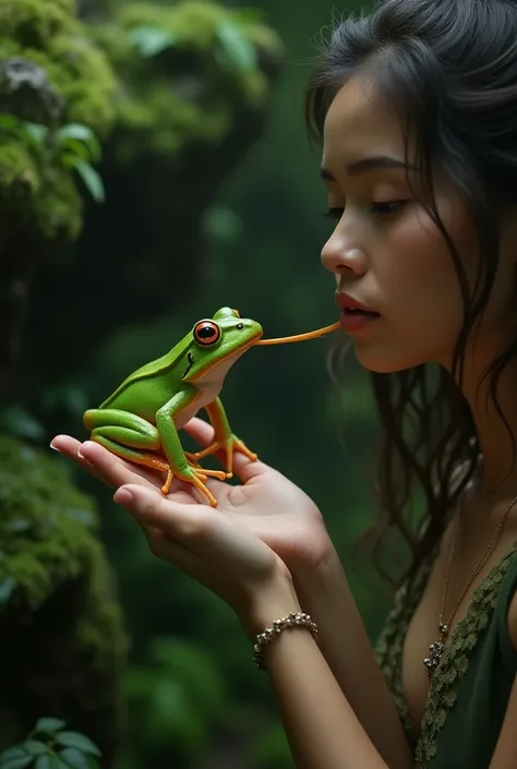 A toad licking a woman