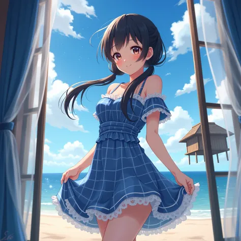 (best quality, masterpiece), high resolution, ultra detailed, extremely detailed, 32k, 8k resolution, maxed out details, anime girl, beautiful girl standing near a window, (little blue plaid summer dress (short, above thighs) with detailed ruffles), sleeve...